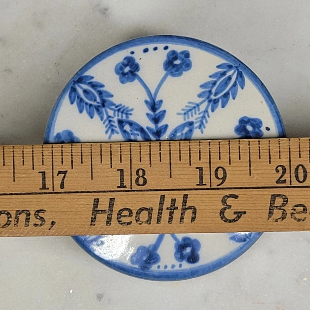 VTG Polish Pottery Ceramic Trinket Box Blue White Hand Vanity Painted Floral Lid